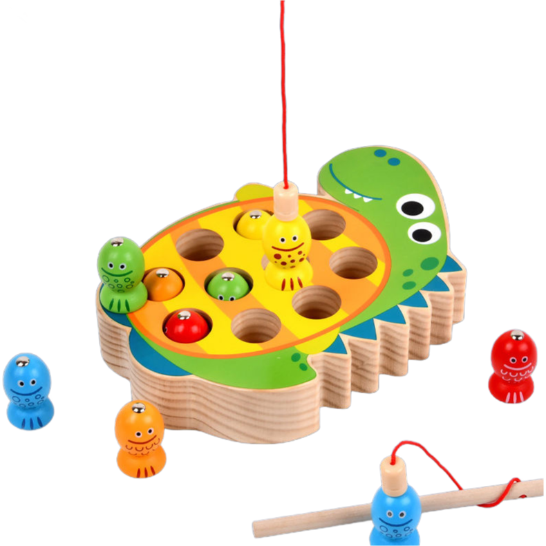 Wooden Cartoon Dinosaur Magnetic Fishing Game Toy for Kids - Color Cognition Sensory Learning Educational Toy
