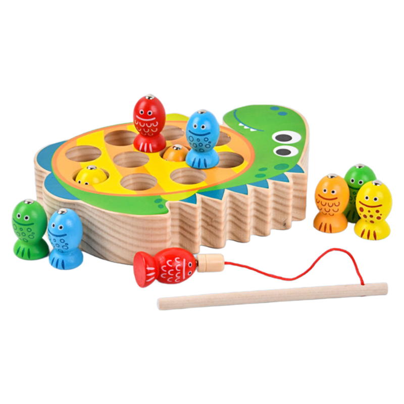 Wooden Cartoon Dinosaur Magnetic Fishing Game Toy for Kids - Color Cognition Sensory Learning Educational Toy