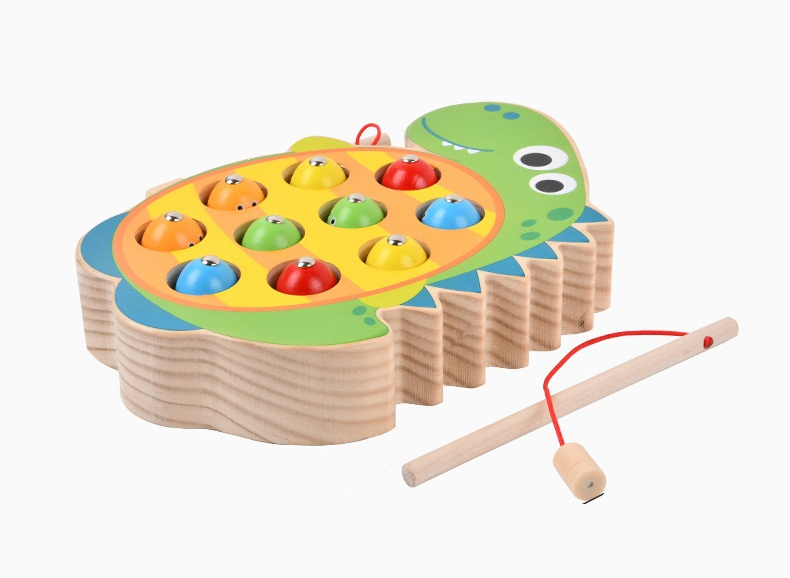 Wooden Cartoon Dinosaur Magnetic Fishing Game Toy for Kids - Color Cognition Sensory Learning Educational Toy