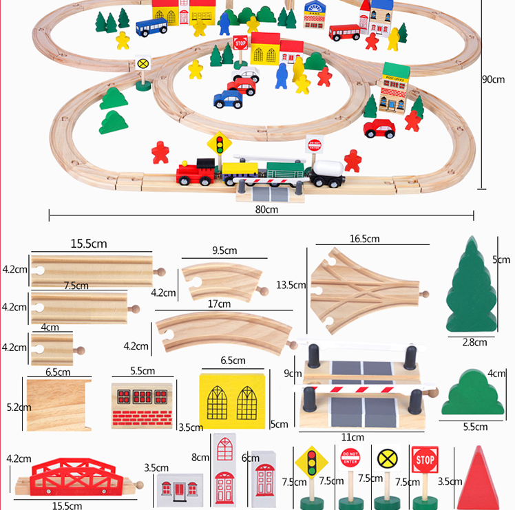 EN71 Certified Wooden Train Track Set - 100PCS Pine Wood DIY Toy Railway System
