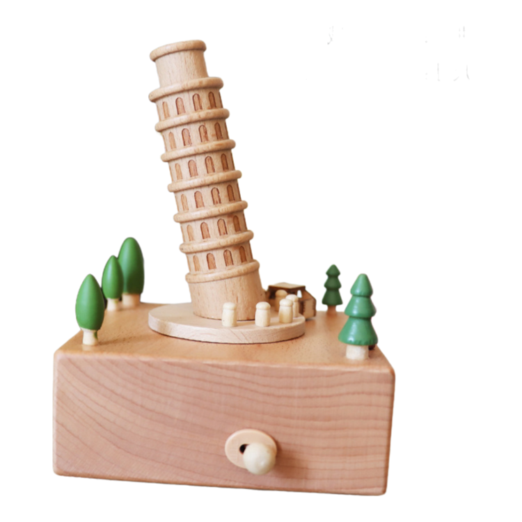 Mini Leaning Tower of Pisa Wooden Music Box - 11x11x17cm Educational Puzzle Toy for Kids