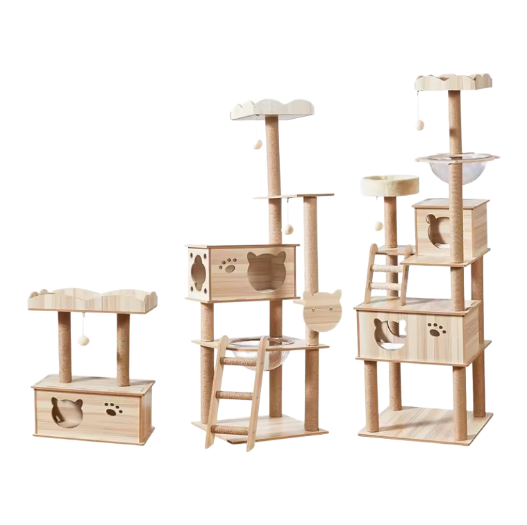 Premium Solid Wood Cat Tree with Sisal Rope - Luxury Indoor Cat Furniture for Multi-Cat Households