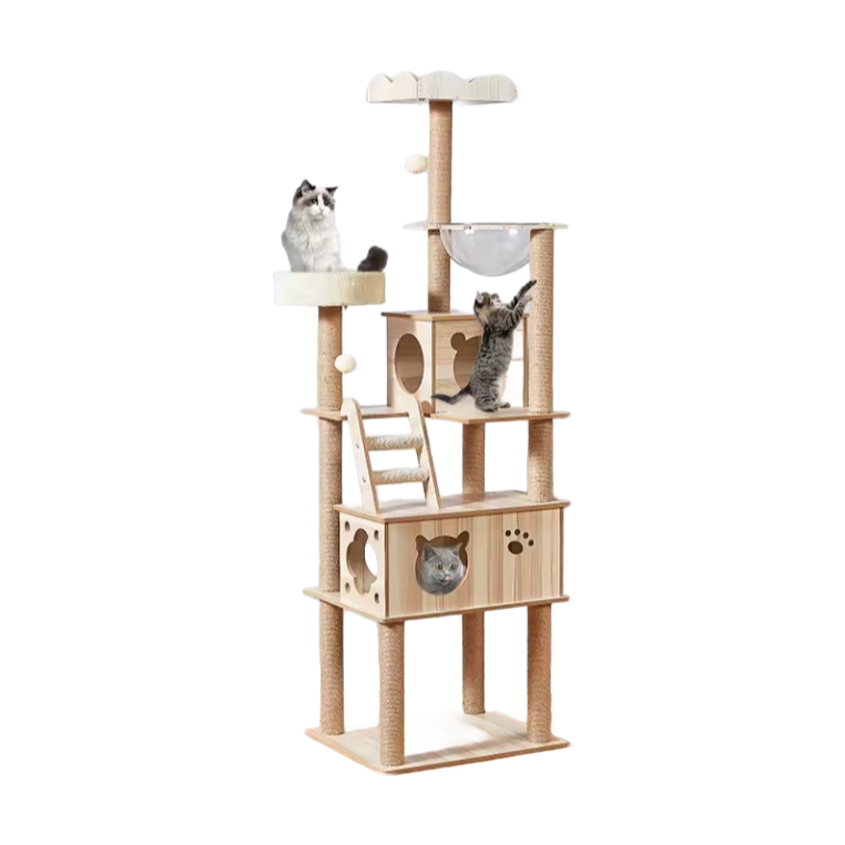 Premium Solid Wood Cat Tree with Sisal Rope - Luxury Indoor Cat Furniture for Multi-Cat Households