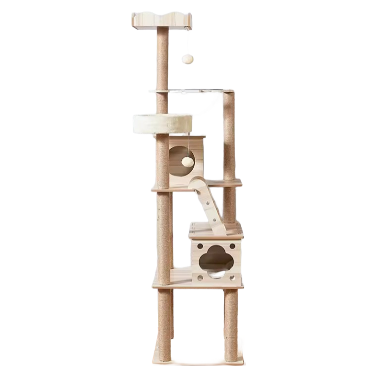 Premium Solid Wood Cat Tree with Sisal Rope - Luxury Indoor Cat Furniture for Multi-Cat Households