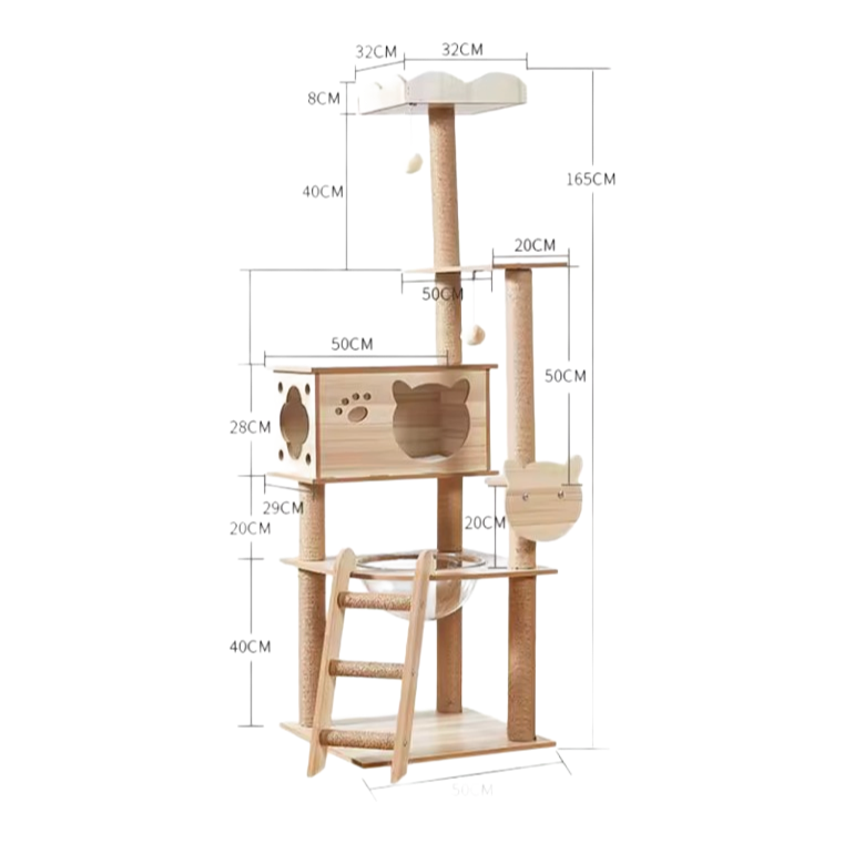 Premium Solid Wood Cat Tree with Sisal Rope - Luxury Indoor Cat Furniture for Multi-Cat Households