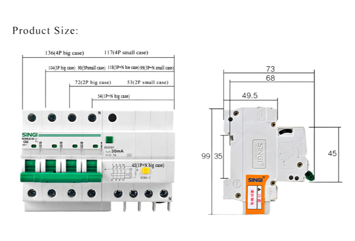 SG65LE-63 Mini RCBO Circuit Breaker with Overload Protection 50/60Hz 1-4 Poles