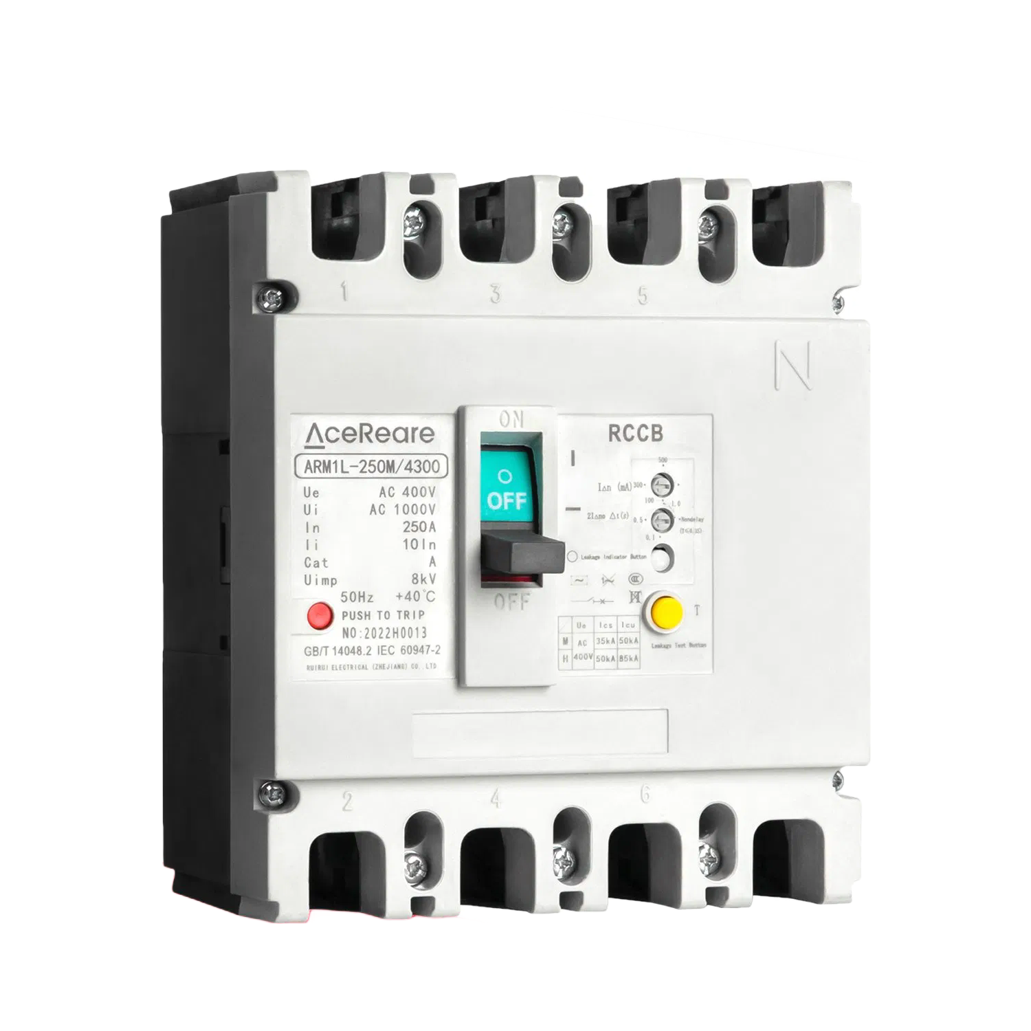 ARM1L-250A 4P Residual Current Circuit Breaker 250A Molded Case MCCB with Overcurrent Protection