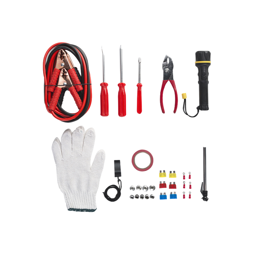 Customizable Metal Car Repair Tool Kit with Tire Gauge and Fuses for Emergency Situations