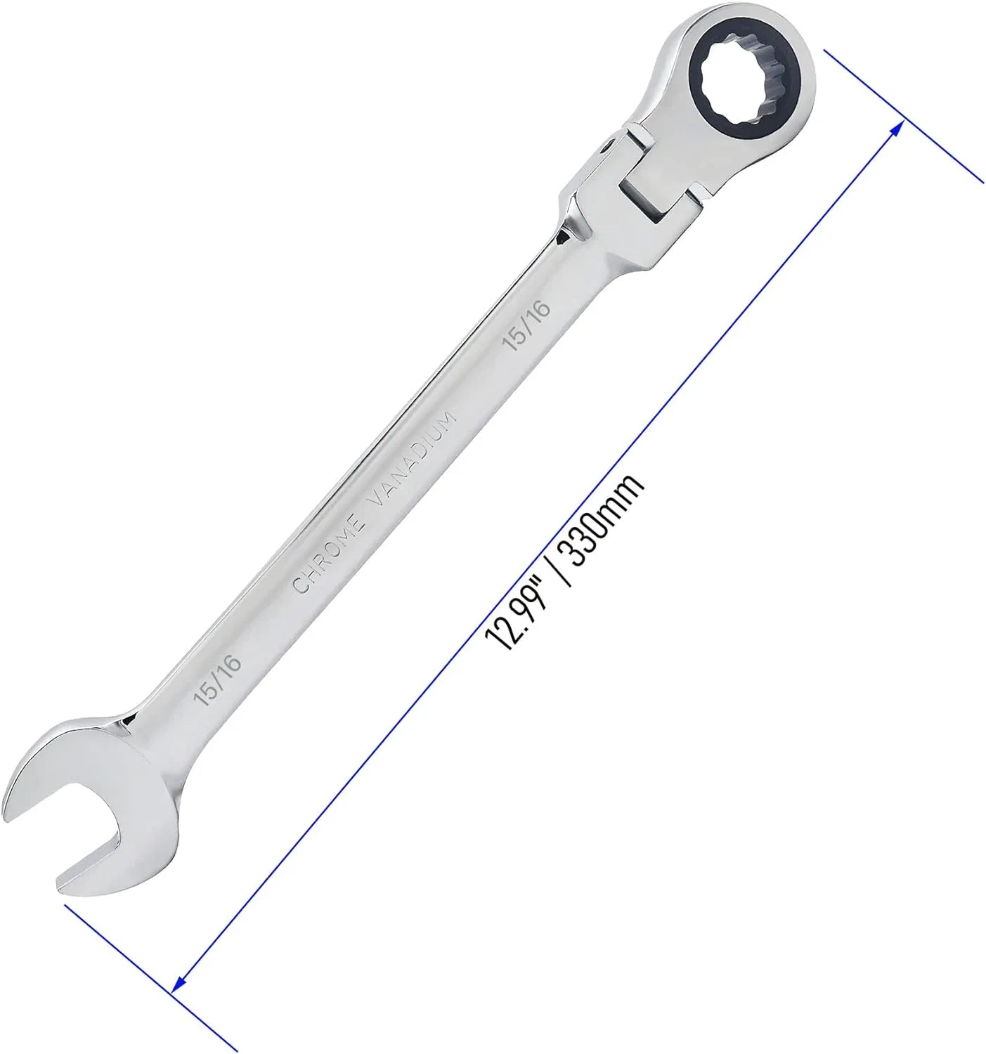 15/16 Inch SAE Flex-Head Ratcheting Combination Wrench - 72 Teeth 12 Point Ratchet Box End & Open End Spanner Tool