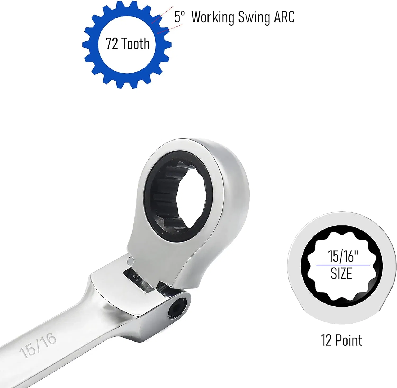 15/16 Inch SAE Flex-Head Ratcheting Combination Wrench - 72 Teeth 12 Point Ratchet Box End & Open End Spanner Tool