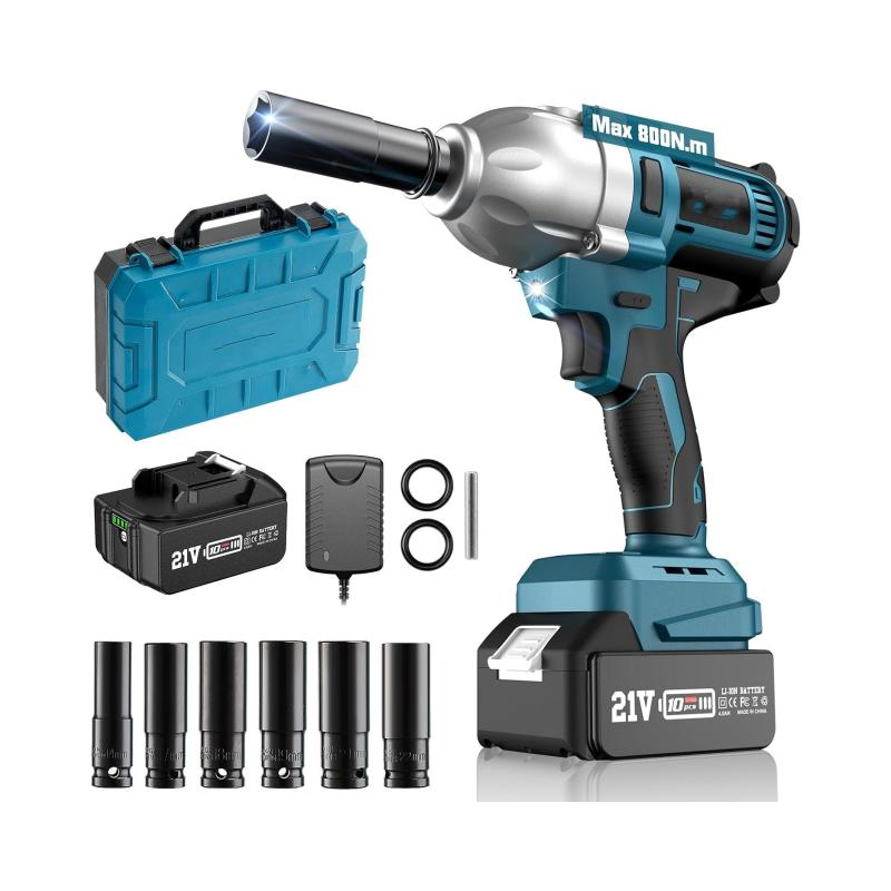 1000N High Torque Cordless Impact Wrench - 18V Brushless Motor Electric Power Tool Set for Auto Repair