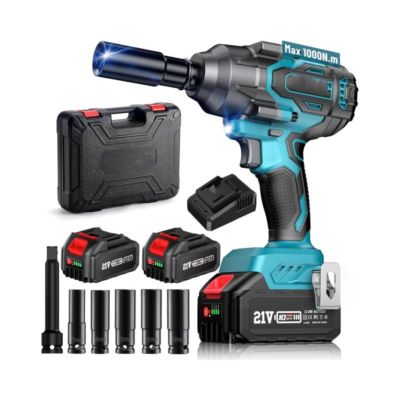 1000N High Torque Cordless Impact Wrench - 18V Brushless Motor Electric Power Tool Set for Auto Repair