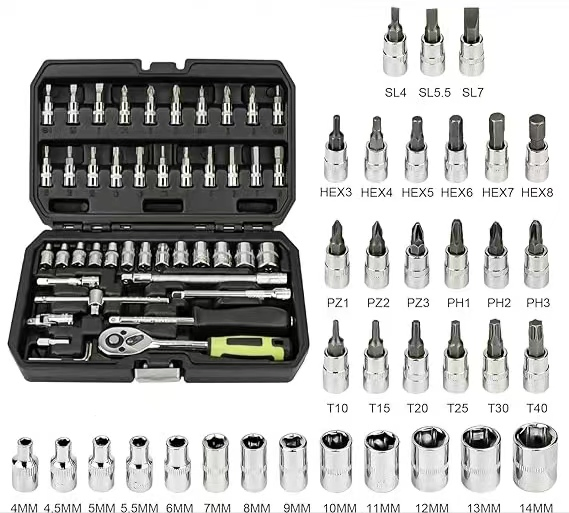 Bulk Wholesale Chrome Plated Socket Wrench Set with Hard Plastic Organizer