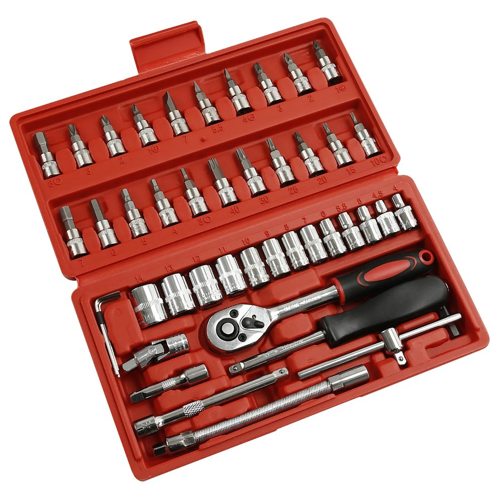 46PCS 1/4" Ratchet Wrench Combination Socket Set - Professional Chrome Vanadium Steel Tool Kit for Auto Repair