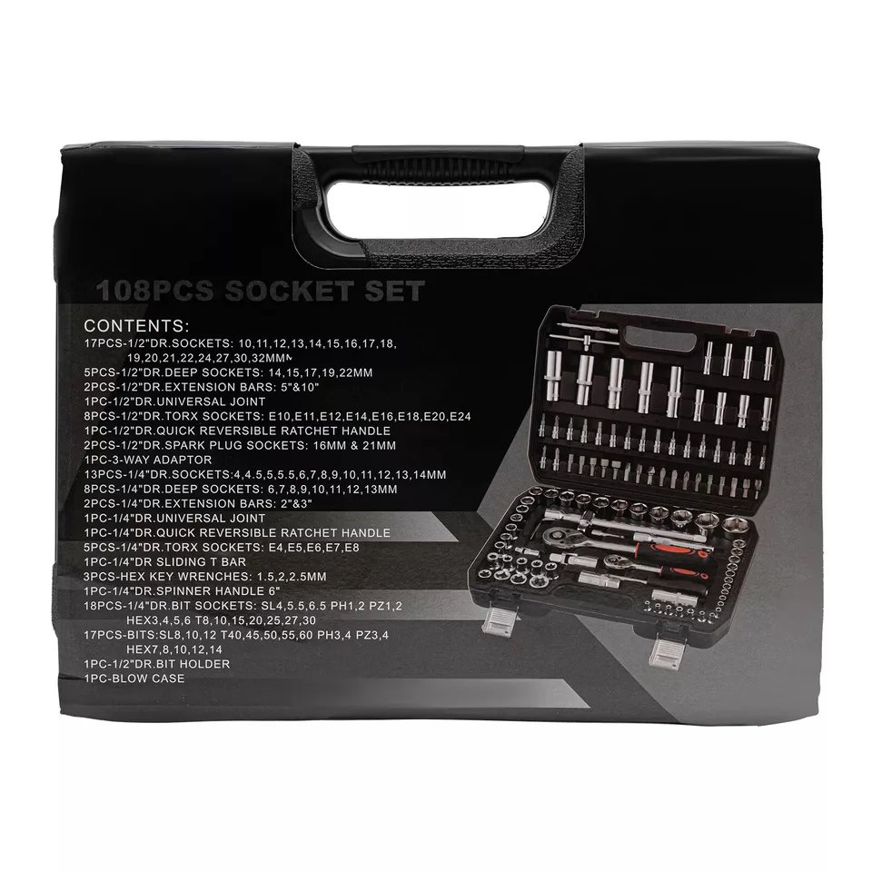 108-Piece Professional Ratchet Wrench Set - 1/4" & 1/2" Drive Metric Sockets for Auto Repair