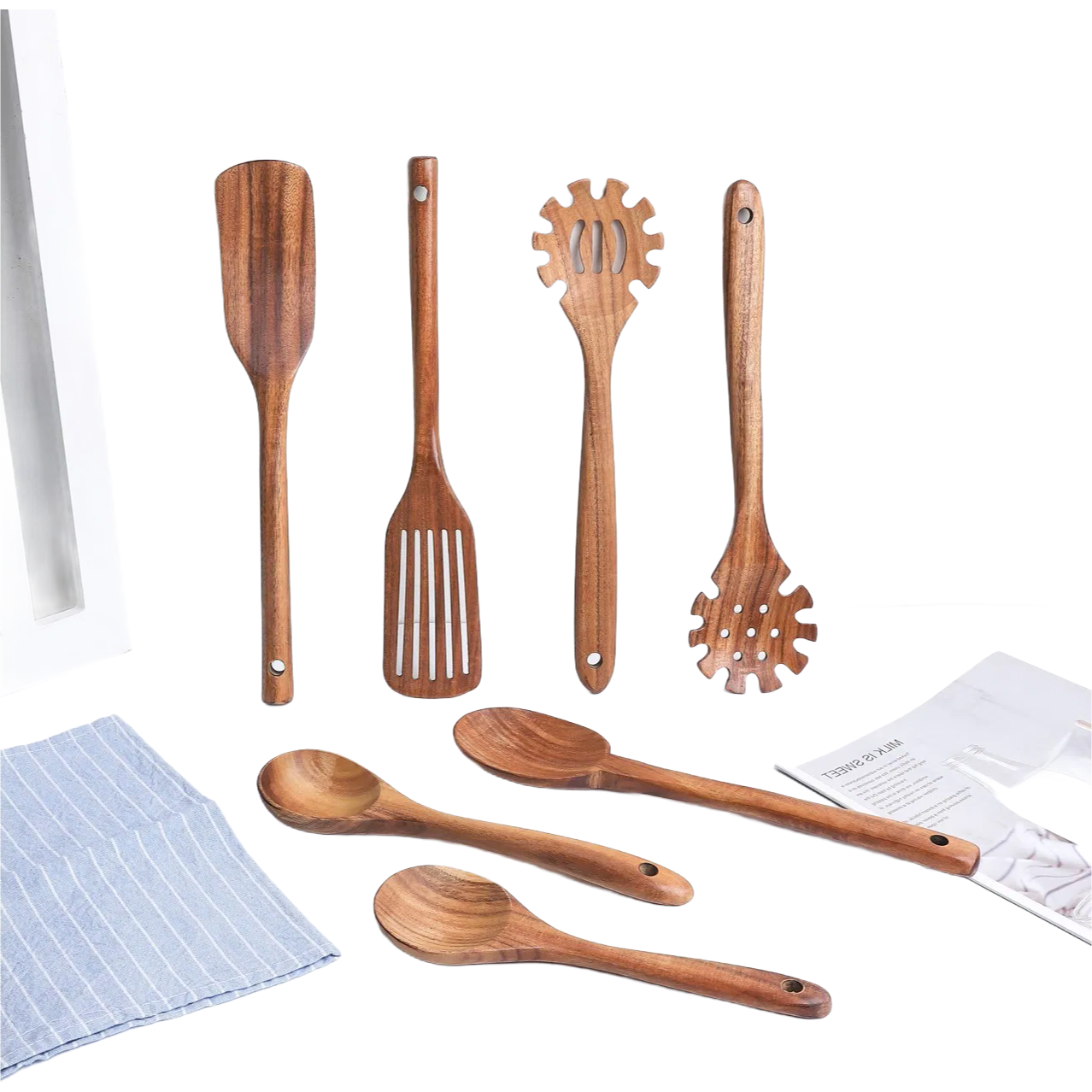 Durable Teak Wood Kitchen Utensils with Easy-Grip Handles and Leak-Proof Holder for Daily Use