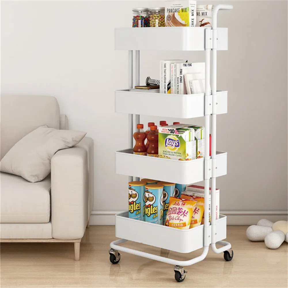 Adjustable Plastic Metal Rolling Utility Cart with Lockable Wheels for Home Storage