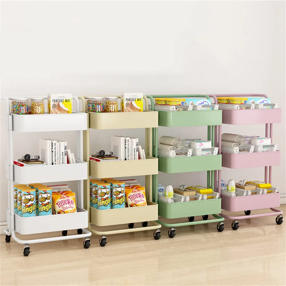 Adjustable Plastic Metal Rolling Utility Cart with Lockable Wheels for Home Storage