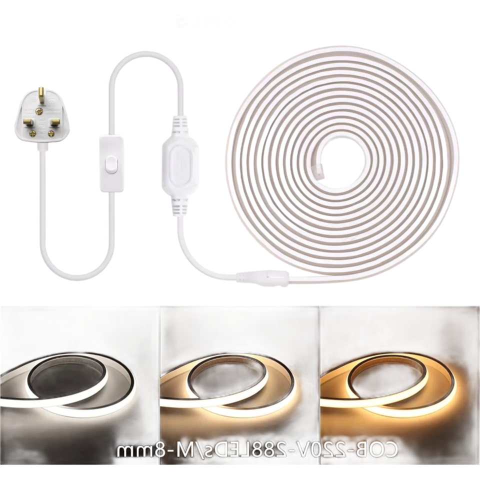 220V COB LED Strip Light IP65 Waterproof 288D 8mm Flexible Lighting for Indoor Outdoor Decoration