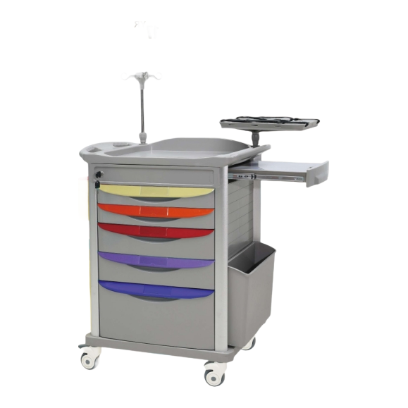 750*475*950mm Hospital Emergency Cart with Telescopic Infusion Rack & Color Separation Trash