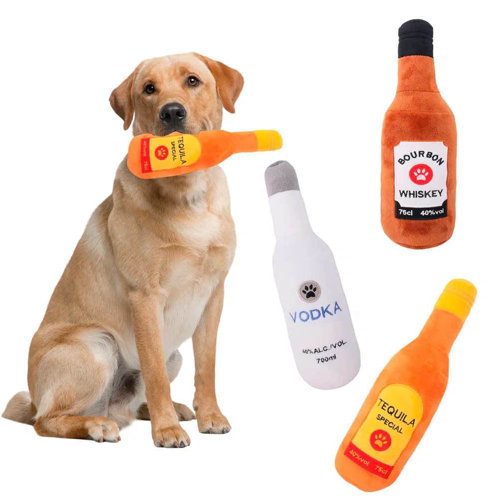 Eco-Friendly Squeaky Dog Toys - Wine Bottle Design Plush Chew Toys for Pets