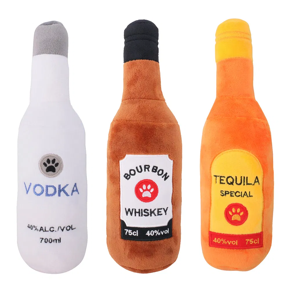 Eco-Friendly Squeaky Dog Toys - Wine Bottle Design Plush Chew Toys for Pets