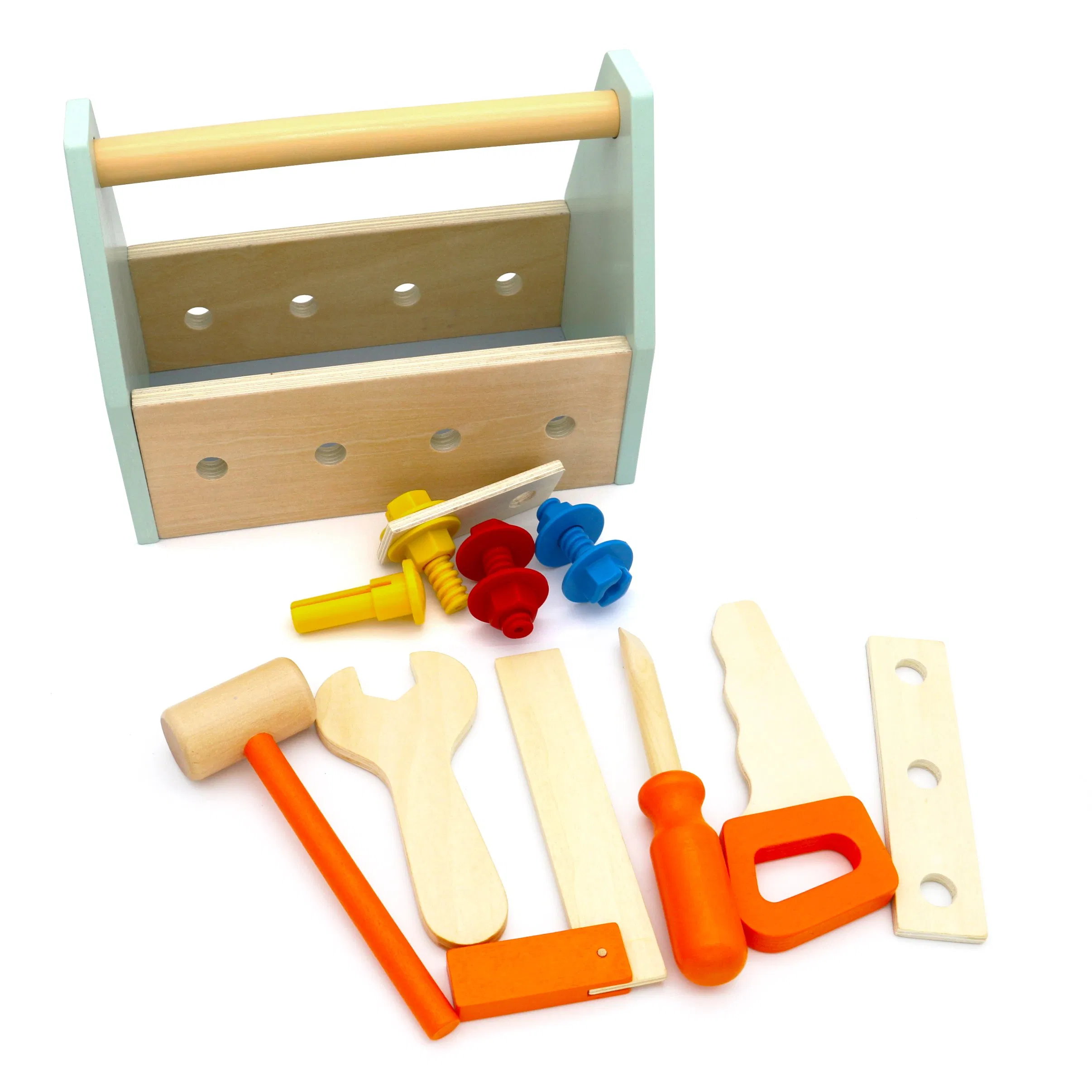 Wholesale Wooden Tool Box Toy WKT308 - 21x11.9x18cm Safe Play for Children with Color Box Packaging