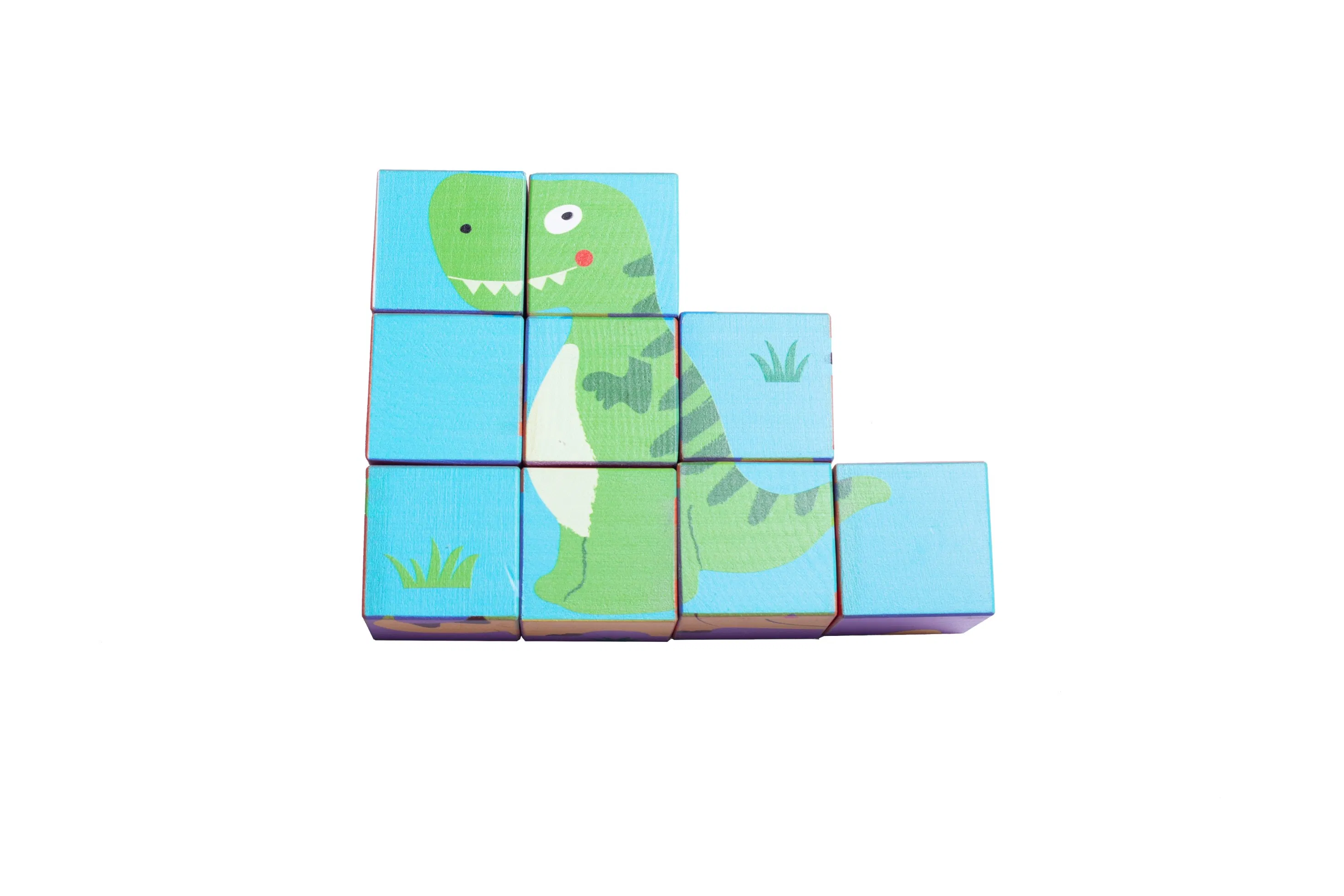 WKP218 9PCS Beech Wood Dinosaur Puzzle Blocks for Kids 2+ Years Educational Toy