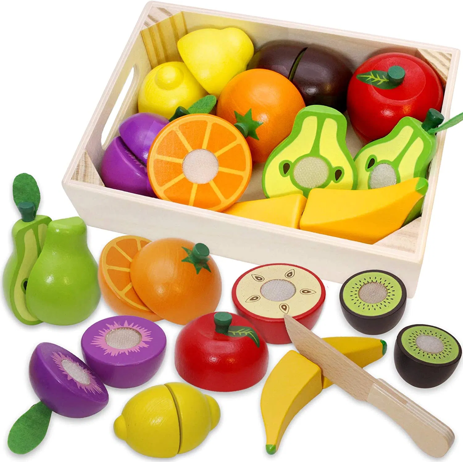 Premium Wooden Pretend Play Food Set - Educational Cutting Vegetables & Fruits Toys for Kids 3+