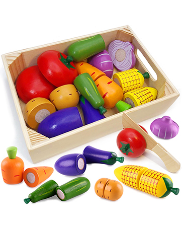 Premium Wooden Pretend Play Food Set - Educational Cutting Vegetables & Fruits Toys for Kids 3+
